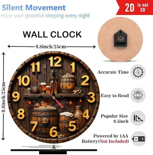 Lancholy Wooden Barrel Beer Pub Clock Wall Decor 10-Inch Wooden Wall Clock, Silent Movement, Battery Operated (AA Batteries Not Included), Artistic Home Decor, Perfect for Home Accents