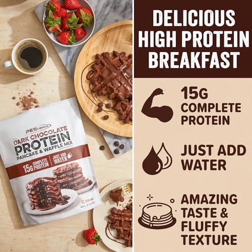 PEScience Protein Pancake Mix for Protein Waffles and Pancakes, Just Add Water, Whey and Casein Blend, Amazing Taste and Fluffy Texture - Dark Chocolate, 12 Servings