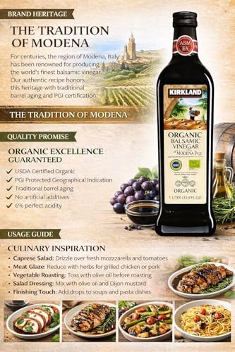 Kirkland Organic Balsamic Vinegar of Modena - 1 Liter (33.8 oz) - PGI Certified Italian - Premium Aged - 67 Servings