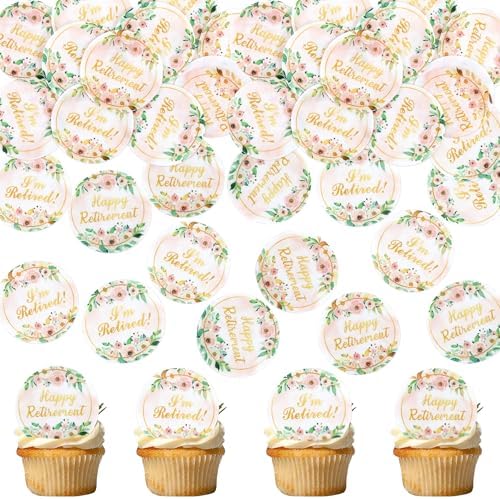 40Pcs Edible Floral Happy Retirement Cupcake Toppers Circle I'm Retired Cupcake Picks for Female Retirement Farewell Party Official Retired Women's 67th 70th Birthday Cupcake Cake Decorations