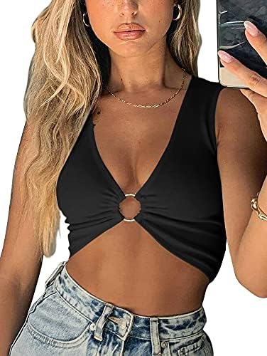 AEVZIV Sexy Crop Tops for Women Sleeveless Deep V Neck Workout Tops Plunge Ring Cleavage Cropped Tank Top