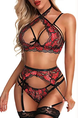 Donnalla Women Sexy Lingerie Set with Garter Belts Lace Bra and Panty Set Exotic Suspenders Set (NO STOCKINGS)
