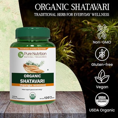 Pure Nutrition Organic Shatavari Tablets - 1200mg | 120 Count | USDA Organic | Promotes hormonal Balance & Female Reproductive Health | Non-GMO | Gluten-Free