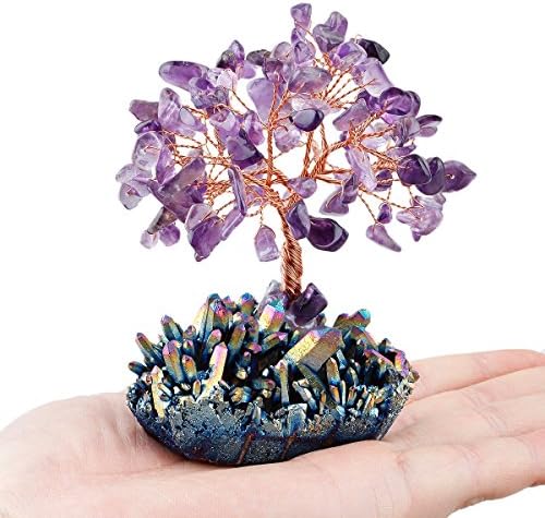 mookaitedecor Amethyst Crystal Tree, Quartz Cluster Rainbow Titanium Crystals Base Bonsai Money Tree for Wealth and Luck