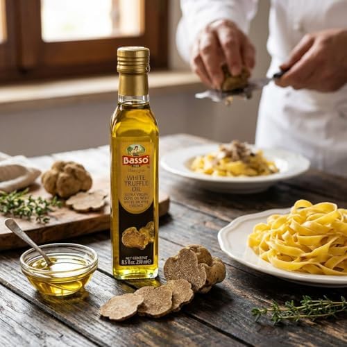 BASSO 1904 White Truffle Infused Oil, 8.5 fl oz (250ml) – Premium Italian Gourmet Truffle Olive Oil, Non-GMO, Cold-Pressed, Perfect for Pasta, Steak, Salads & Pizza