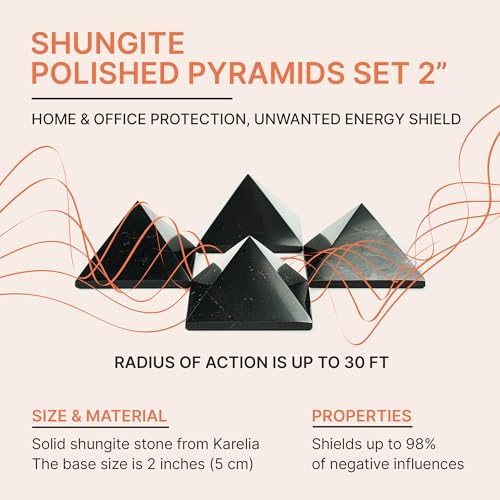 Shungite Stone Blocker Pyramids 2 inches (5 cm) Protection Set 4 pcs | Black Polished Solid Stone Pyramids | Home Office Room Whole House Protection | Meditation, Chakra Healing, Grounding S042