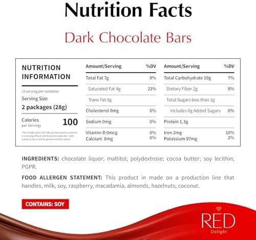 Red Delight Snack Size Dark Chocolate Bars - Pack of 2, 30oz (With 60 Diamond-Shaped Dark Chocolates) - Low Carb, Kosher, No Added Sugar, Gluten-Free - Smooth European-Style Healthy Birthday Treat