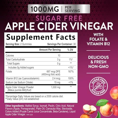 Apple Cider Vinegar Gummies for Weight Loss, Zero Sugar - Apple Cider Vinegar Powder 1000mg Per Serving - Vegan Apple Cider Vinegar Gummy for Detox & Cleanse - Sugar Free ACV Supplement - 60 Gummies
