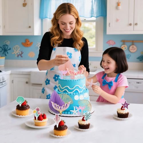 Mermaid Cake/Cupcake Toppers, 42PCS, Mermaid Tail Seaweed Shells Starfish Under the Sea Cake Decorations
