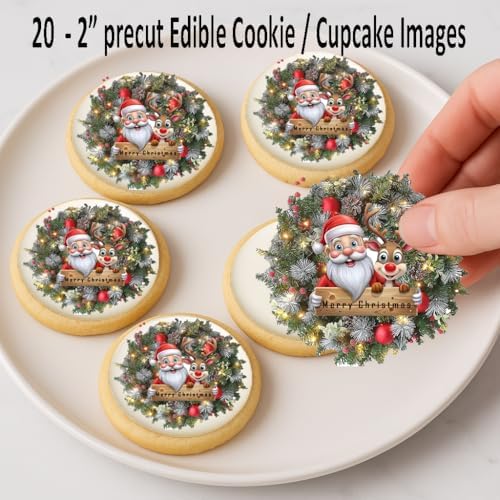Santa Wreath Christmas Cookie & Cupcake Edible Images – 20-2” Precut Holiday Toppers – Easy to Use
