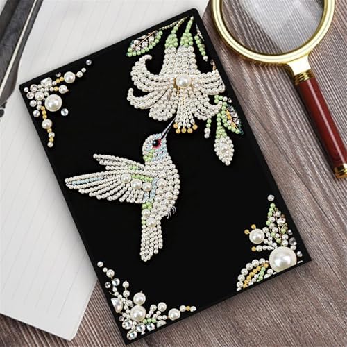 FRANDEK Pearl Painting Notebook Kit, Bird Flower A5 DIY Journal with 50 Blank Pages, Diamond Gem Art Cover With Waterproof Canvas, Beginner Craft Set with Full Tools for Adults