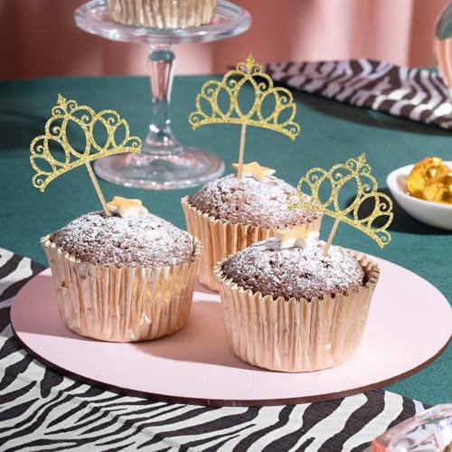 24Pcs Gold Crown Cupcake Toppers Glitter Queen Crown Cupcake Picks for Queen Princess Theme Baby Shower Girls Wedding Birthday Party Cake Decorations Supplies(Gold)