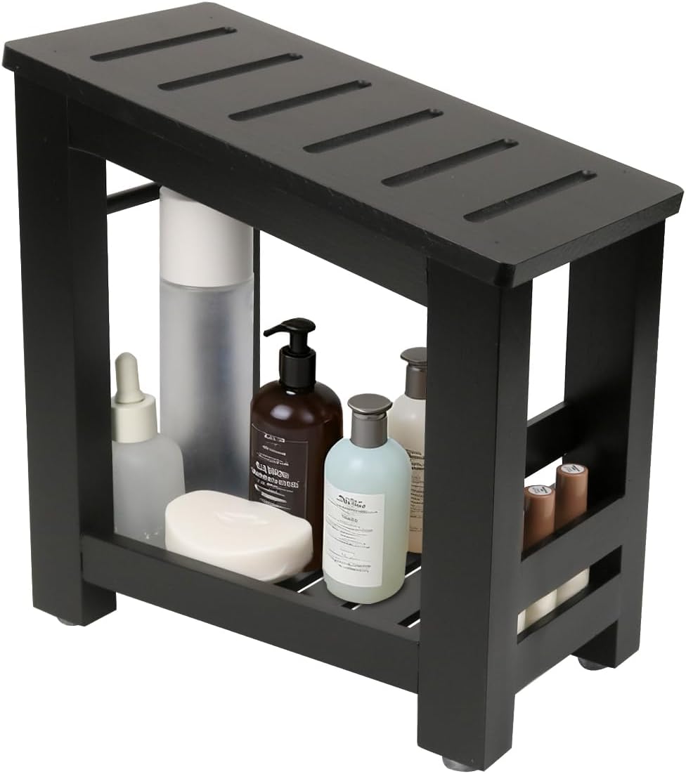 Bamboo Shower Foot Rest Stool for Shaving Legs & Pedicure, Non-Slip Bathroom Foot Step with Storage Pocket, Solid & Water-Resistant,Natural (Black)