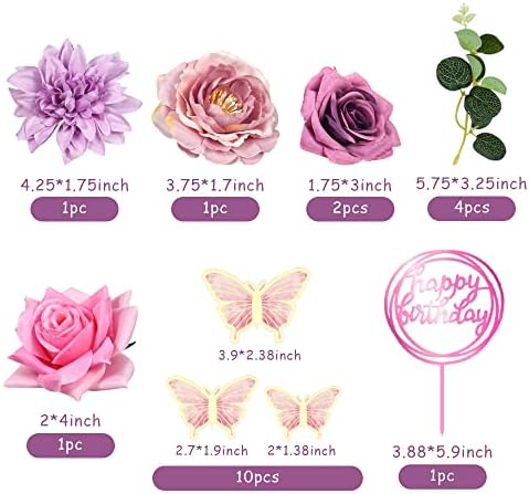 20 PCS Flower Cake Toppers Butterfly Cake Decorations Happy Birthday Cake Toppers with Pink Purple Flowers Eucalyptus Butterflies for Birthday Party Wedding Baby Shower Supplies (Pink Purple)
