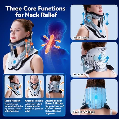 Cervical Neck Traction Device, Adjustable Neck Stretcher Cervical Traction, Built-in 8 Airbag, Electric Air Pump with 3 Power Traction for Neck Pain Relief and Relaxation