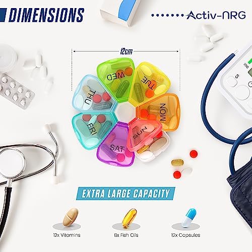 Premium Round Pill Box Organiser - BPA Free - Travel Tablet Boxes - Easy to Open Compartments Unique Spring AssistedOpen Design for Tablets, Vitamins, Medication and Cod Liver Oil (Multicolour)
