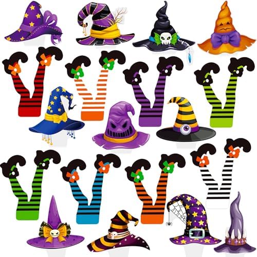 Halloween Party Decorations Witch Hat and Legs Cupcake Toppers 48PCS Witch Stocking Theme Cake Decorations Fantasy Hats Shoes Cupcake Picks for Magic Wizard Birthday Baby Shower Party Supplies