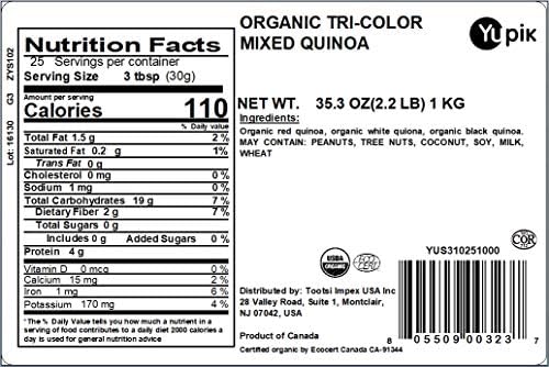 Yupik Organic Tri-Color Quinoa, 2.2 lb (35.2 oz), Non-GMO, Gluten-Free, Kosher, Raw Seeds, White, Red & Black Quinoa, Unsalted, Oil-Free, Source of Fiber & Iron, Ideal Rice & Pasta Replacement