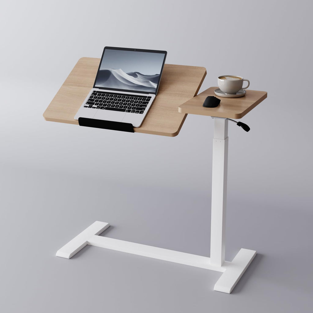 Adjustable Overbed Bedside Table with Wheels Pneumatic Mobile Standing Laptop Desk Rolling Computer Cart Movable Couch Desk Hospital Bed Table, Natural Wood