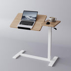 Adjustable Overbed Bedside Table with Wheels Pneumatic Mobile Standing Laptop Desk Rolling Computer Cart Movable Couch Desk Hospital Bed Table, Natural Wood
