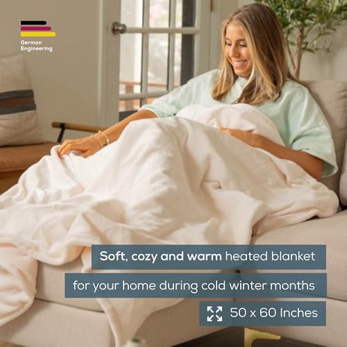 Beurer HD61 Super-Cozy Heated Blanket - Fast Heating Electric Blanket with 4 Heat Settings, Machine Washable Fabric, 4 hrs Auto Shut Off,Warm Heated Throw Blanket (50 x 60 inches)