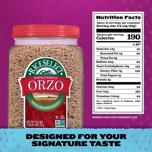 RiceSelect Whole Wheat Orzo Rice-Shaped Pasta, Non-GMO, Vegan, 1.66 Pound (Pack of 1)