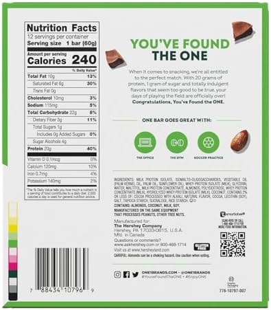 ONE Protein Bars, Chocolate Almond Bliss, Gluten Free with 20g Protein and 1g Sugar, Pantry Staples, 2.12 oz (12 Pack), Packaging May Vary