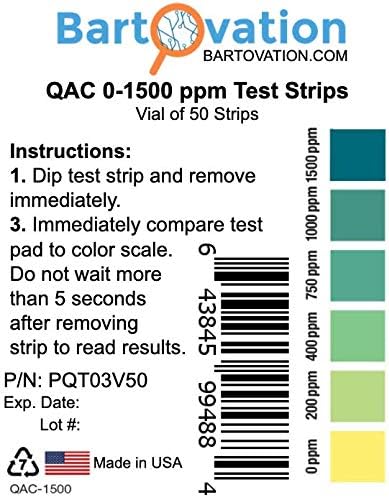 Quaternary Ammonium (QAC, Multi Quat) Sanitizer Test Strips, 0-1500 ppm [Vial of 50 Strips]