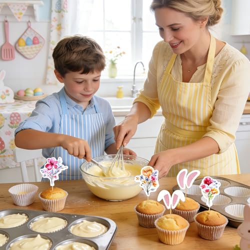 cnomg Bunny Ears Cupcake Toppers and Wildflower Cupcake Toppers-48 Pcs 2-in-1 Set: 24 Floral + 24 Easter Bunny Ears for Baby Shower, Party, Wedding, Easter Celebration