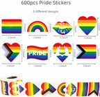 600 Pcs Gay Pride Stickers, Progress Pride Rainbow Heart Stickers for Gay Lesbian Bisexual Pride Month LGBTQ Parades Decorations, 8 Design