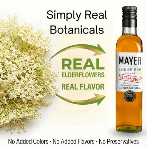 Mayer Elderflower Syrup ( Cordial ), Award - Winning, Only Real Elderflowers and 3 Natural Ingredients, Vegan, Gluten Free, Perfect for Cocktails, Lemonades, Coffee, Desserts - No Artificial Additives, Rich Authentic Flavor ( 1 Pack )