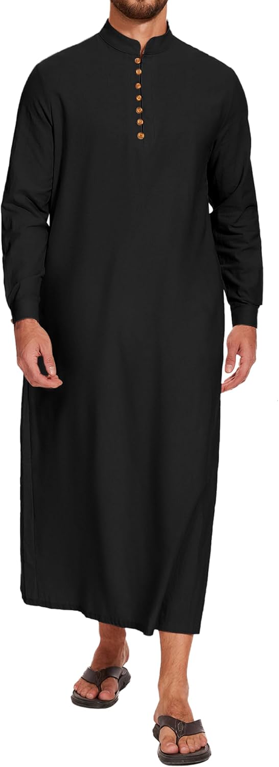 LVCBL Thobe for Men Long Sleeve Kaftan Muslim Thobe Button Down Long Gown Caftan with Pockets