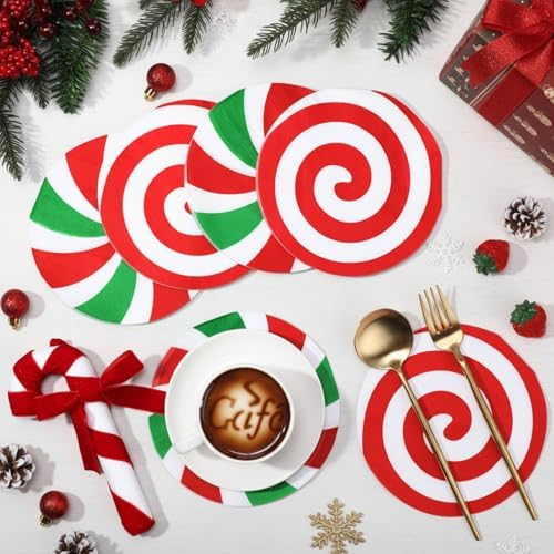 Engrowtic 100 Pcs Christmas Candy Paper Napkins Peppermint Christmas Cocktail Napkins 6.3 x 6.3 Inch Red Green Striped Round Lollipop Paper Towels for Xmas Dinner Winter Holiday Party Supplies