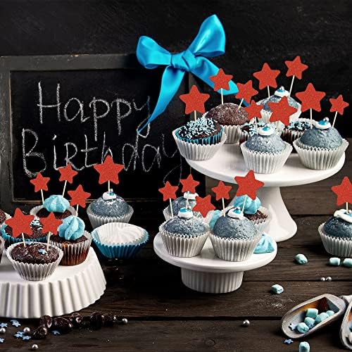 Gyufise 42Pcs Red Glitter Star Cupcake Toppers Mixed Size Twinkle Little Star Cupcake Picks Decorations for Wedding Anniversary Baby Shower Birthday Party Supplies