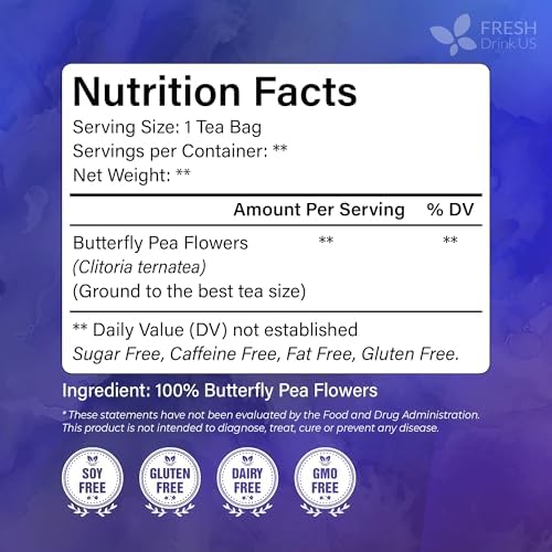 FreshDrinkUS, 100 Premium Butterfly Pea Flower Tea Bags – 100% Pure & Natural | Caffeine-Free Herbal Blue Tea | No Additives, Non-GMO, Made With Natural Material Tea Bag, No Sugar, No Caffeine, No Gluten, Vegan