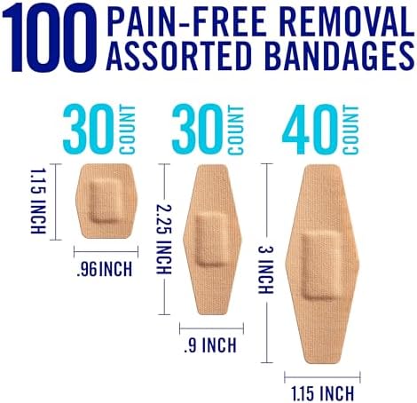 Nexcare Duo Bandages, Painless Removal, Strong Adhesive Bandages Stay on for 24 Hours, Flexible Fabric Construction - 100 Pack Assorted Sizes