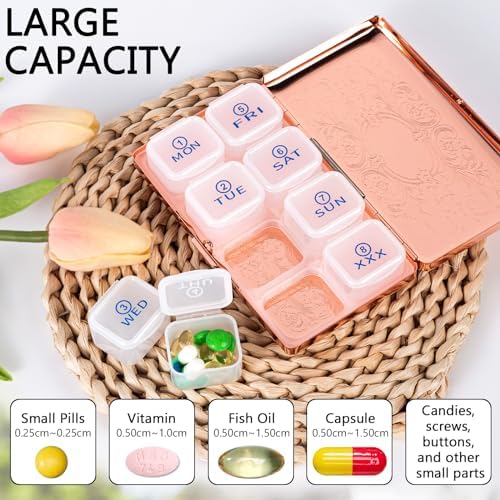 Pill Organizer 7 Days 8 Compartments, Travel Metal Pill Box, BPA-Free Portable Pill Box (Pattern Rose, Large)