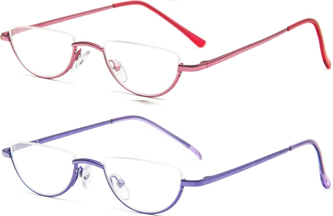 REAVEE 2 Pack Retro Designer Half Frame Reading Glasses for Women Men Spring Hinge Half Moon Readers Stylish Slim Eyeglasses with Pouch, Pink and Purple 1.0