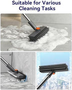 Small Floor Scrub Brush with Length Adjustable Long Handle, 3 in 1 Heavy-Duty Stiff Bristle Scrubber Brush with Squeegee and Tweezer for Cleaning Bathroom, Tile, Deck, Patio, Garage and Kitchen