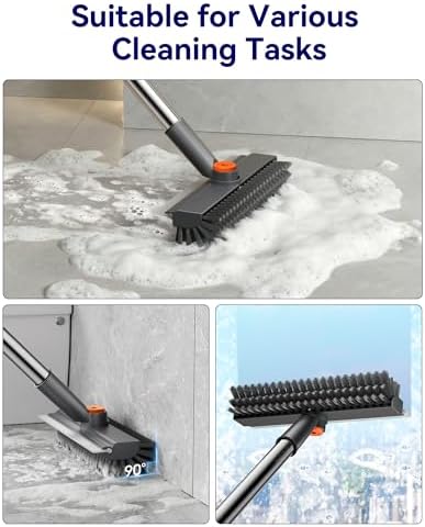 Small Floor Scrub Brush with Length Adjustable Long Handle, 3 in 1 Heavy-Duty Stiff Bristle Scrubber Brush with Squeegee and Tweezer for Cleaning Bathroom, Tile, Deck, Patio, Garage and Kitchen