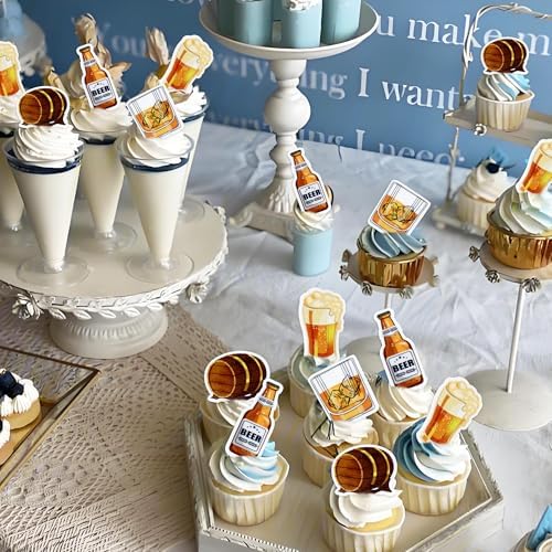 Ercadio 40Pcs Edible Beer Party Cupcake Toppers Beer Kegs Cupcake Picks for Men Birthday Cupcake Decorations Father's Day Cheers and Beers Alcohol Birthday Party Decor Supplies