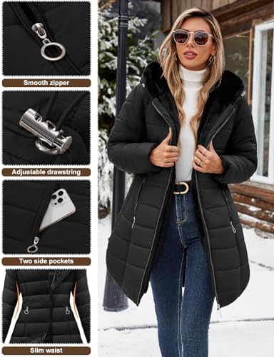 Women's Winter Fleece Warm Coat Windproof Slim Fit Long Down Jacket Hooded Thicken Outerwear with Pockets