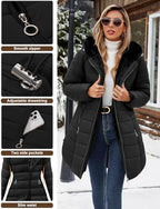 Women's Winter Fleece Warm Coat Windproof Slim Fit Long Down Jacket Hooded Thicken Outerwear with Pockets