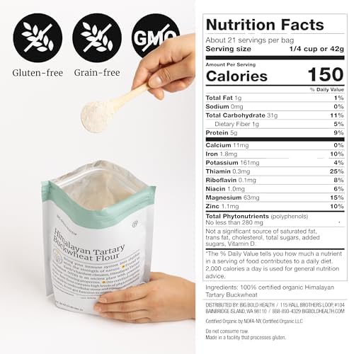 BIG BOLD HEALTH Organic Himalayan Tartary Buckwheat Flour - Gluten Free | Rich in Polyphenols & Antioxidants | 100% USDA Organic Grain-Free Flour | Non-GMO | USA Grown (2lb)
