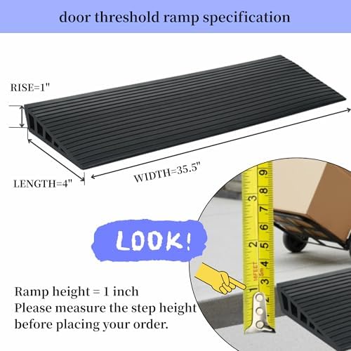 1" Rise Threshold Ramps for Doorways, Rubber Wheelchairs Ramps for Home, Self-Adhesive Door Ramp, 35.5" Wide Trimable Transition Strip, Suitable for Thresholds and Curbs.(Black, 1" Rise)