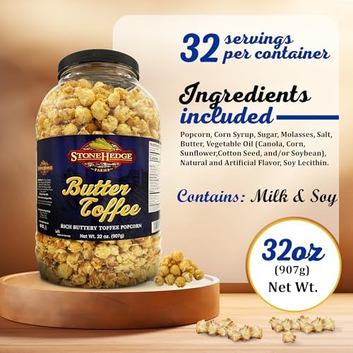 Stonehedge Farms Butter Toffee Flavored Popcorn | 32 oz Large Tub | Perfect for Holidays and Christmas | Bulk Gourmet Popped Sweet Snacks | Pop Corn 2 Pound Gift