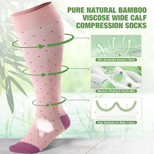 2 Pairs Bamboo Plus Size Compression Socks Wide Calf for Women and Men 15-20 mmHg Knee High Support Stockings for Circulation