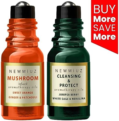 Roll-On Essential Oil Blends Focus Memory Concentration Orange Ginger Patchouli & Cleansing and Protect Juniper Berry White Sage with Nerolina, Pack of 2