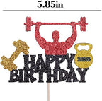 Weightlifting Cake Topper Happy Birthday Sign Cake Decorations for Men Boy Weight Lifting Gym Fitness Themed Birthday Party Supplies Black Glitter Decor
