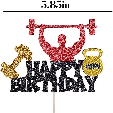 Weightlifting Cake Topper Happy Birthday Sign Cake Decorations for Men Boy Weight Lifting Gym Fitness Themed Birthday Party Supplies Black Glitter Decor